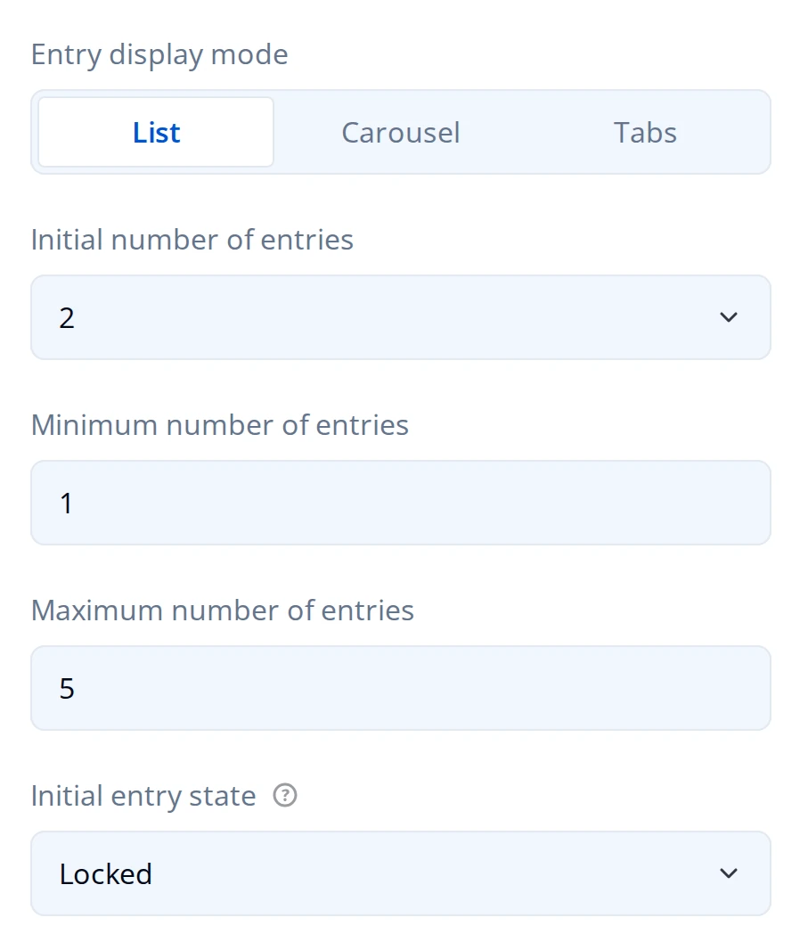General page of the Property Grid for a Dynamic Panel: Entry display mode set to List, Initial number of entries, Minimum number of entries, Maximum number of entries, and Initial entry state set to Locked