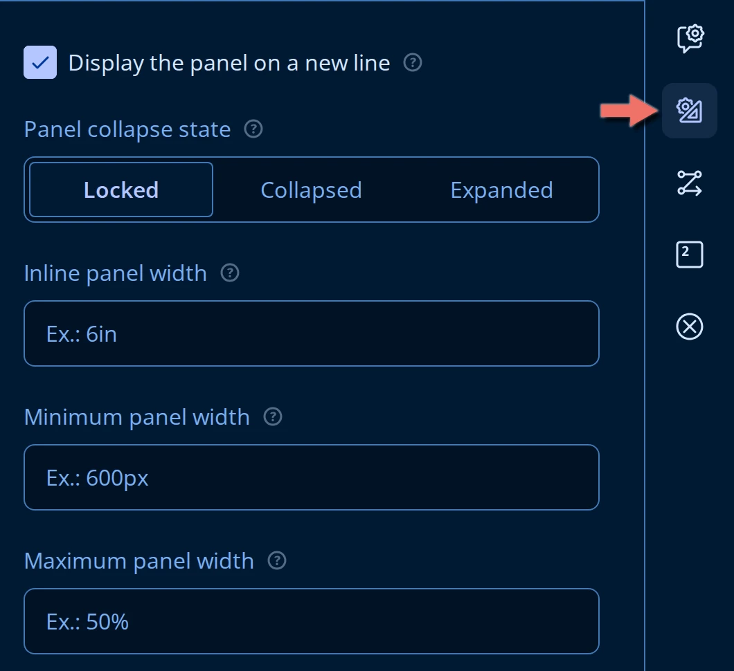 Panel Layout page of the Property Grid: Display the panel on a new line, Panel collapse state set to Locked, and Inline, Minimum, and Maximum panel width, with an arrow pointing at the Panel Layout icon in the category rail
