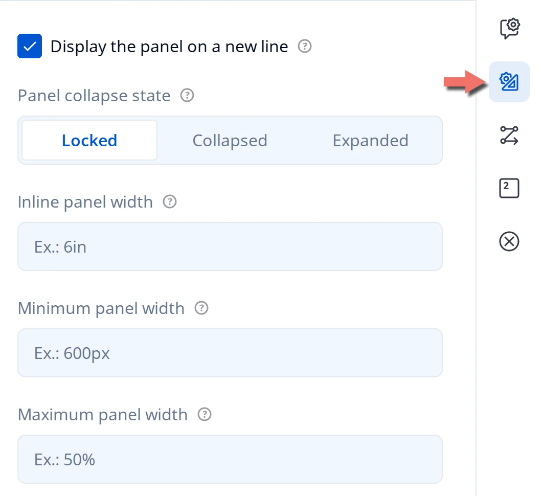 Panel Layout page of the Property Grid: Display the panel on a new line, Panel collapse state set to Locked, and Inline, Minimum, and Maximum panel width, with an arrow pointing at the Panel Layout icon in the category rail