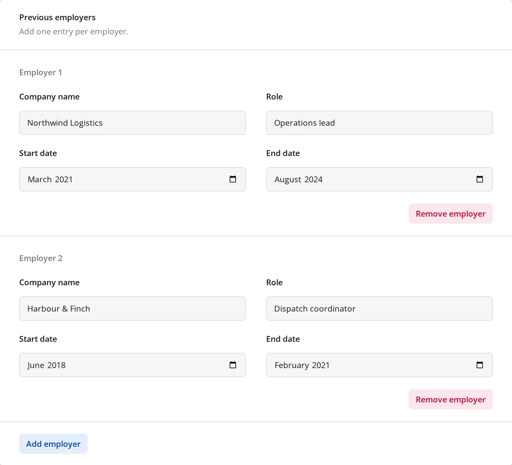 A Previous employers dynamic panel with two entries titled Employer 1 and Employer 2, a Remove employer button on each, and an Add employer button below
