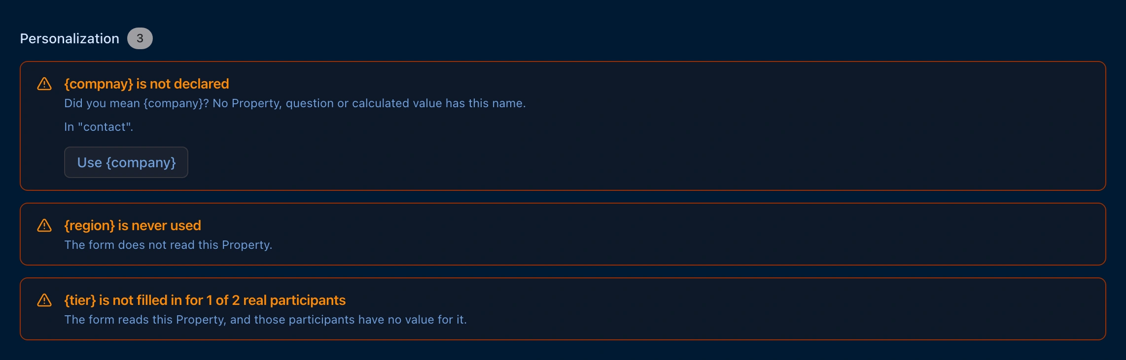 Diagnostics tab, Personalization section with 3 warnings: {compnay} is not declared, with Did you mean {company}?, In contact, and a Use {company} button; {region} is never used; and {tier} is not filled in for 1 of 2 real participants