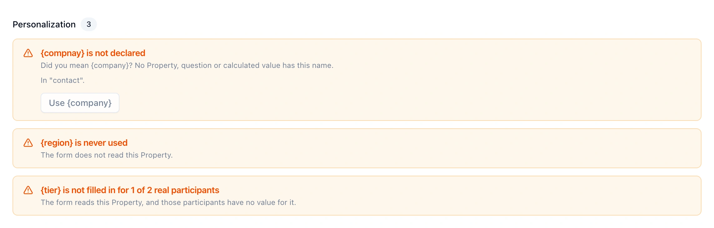 Diagnostics tab, Personalization section with 3 warnings: {compnay} is not declared, with Did you mean {company}?, In contact, and a Use {company} button; {region} is never used; and {tier} is not filled in for 1 of 2 real participants