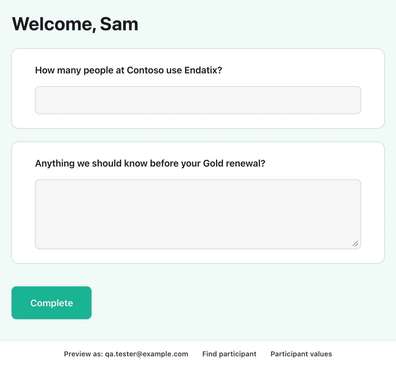 The designer's Preview tab running the form as the test participant qa.tester@example.com: the heading reads Welcome, Sam, the questions mention Contoso and a Gold renewal, and the toolbar below shows Preview as: qa.tester@example.com, Find participant, and Participant values