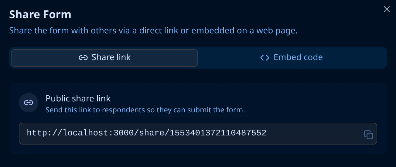 Share Form dialog with the Share link tab showing the public share link and copy button