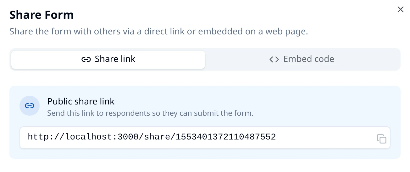 Share Form dialog with the Share link tab showing the public share link and copy button