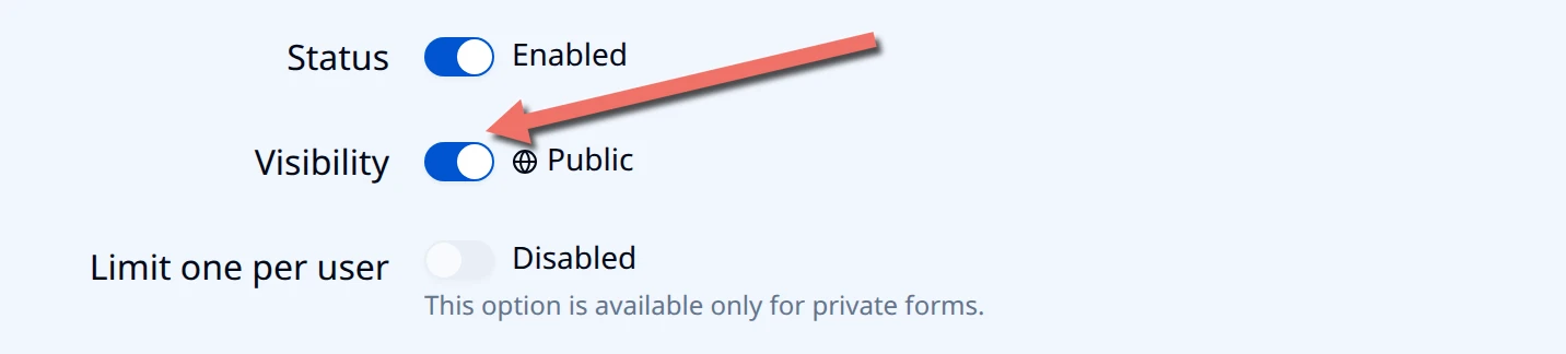 Form Overview with an arrow pointing at the Visibility switch set to Public