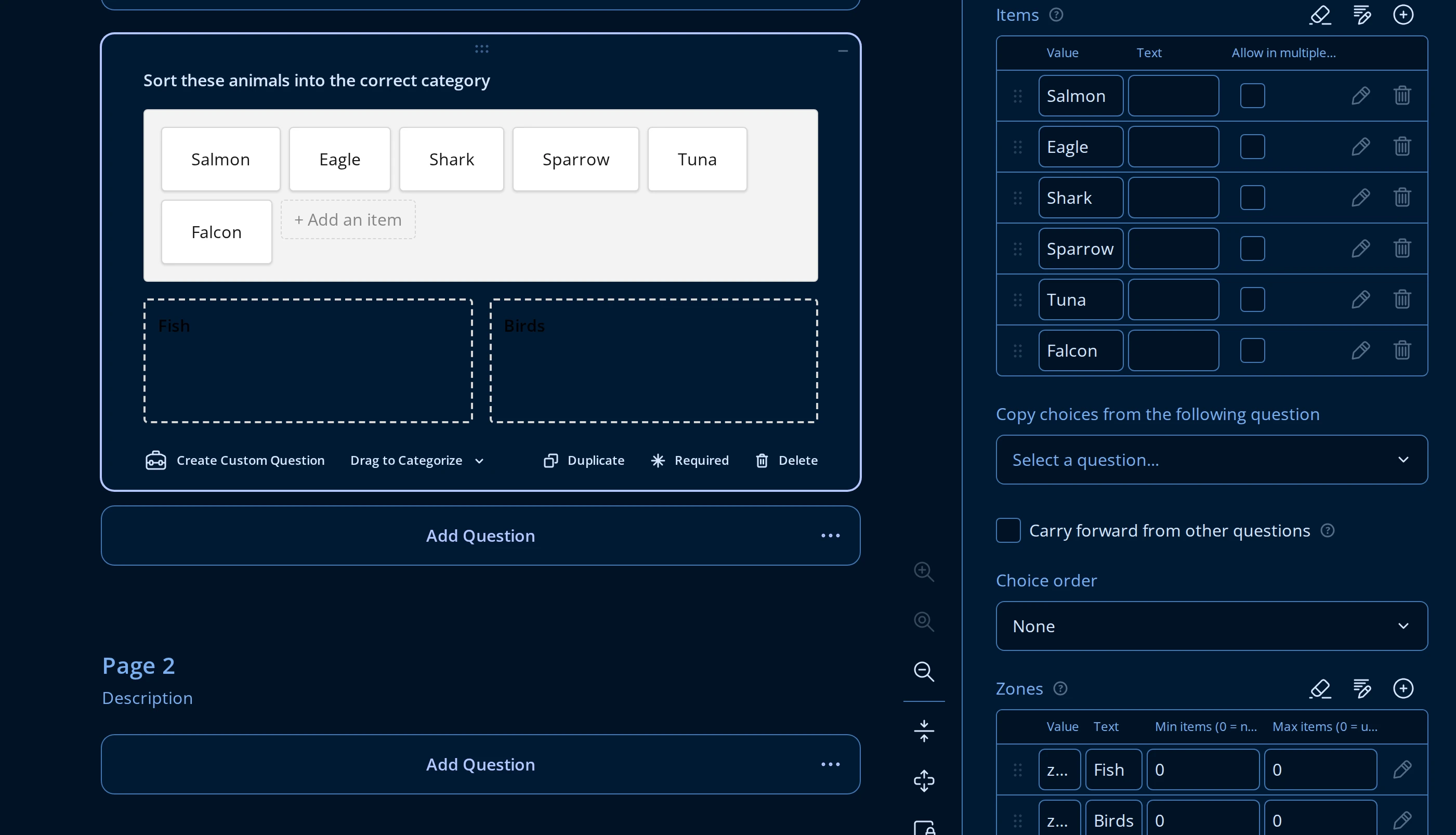 Choice Options panel for a Drag to Categorize question: an Items table with Value, Text, and Allow in multiple zones columns, and a Zones table below it with Value, Text, Min items, and Max items columns