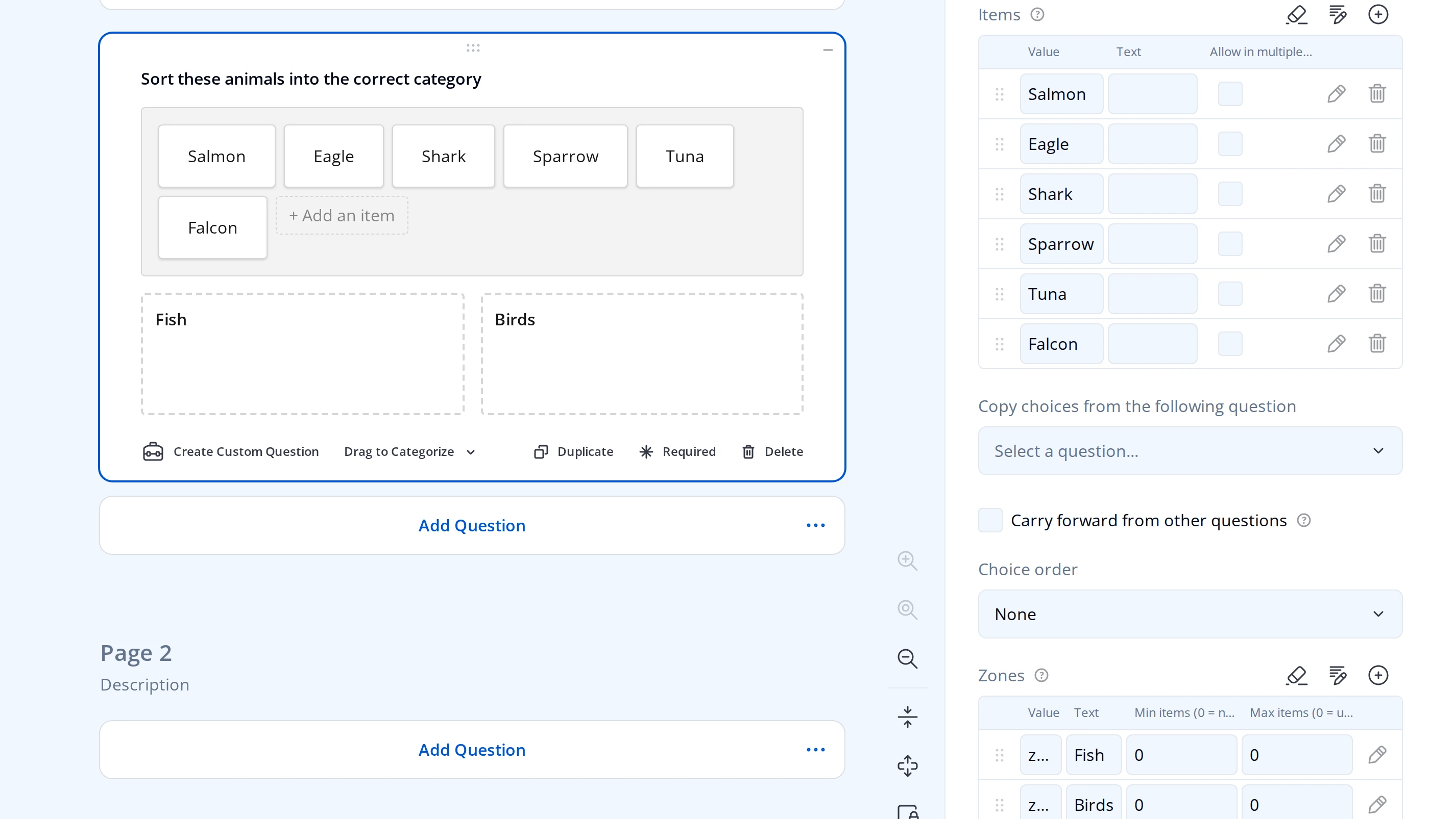 Choice Options panel for a Drag to Categorize question: an Items table with Value, Text, and Allow in multiple zones columns, and a Zones table below it with Value, Text, Min items, and Max items columns