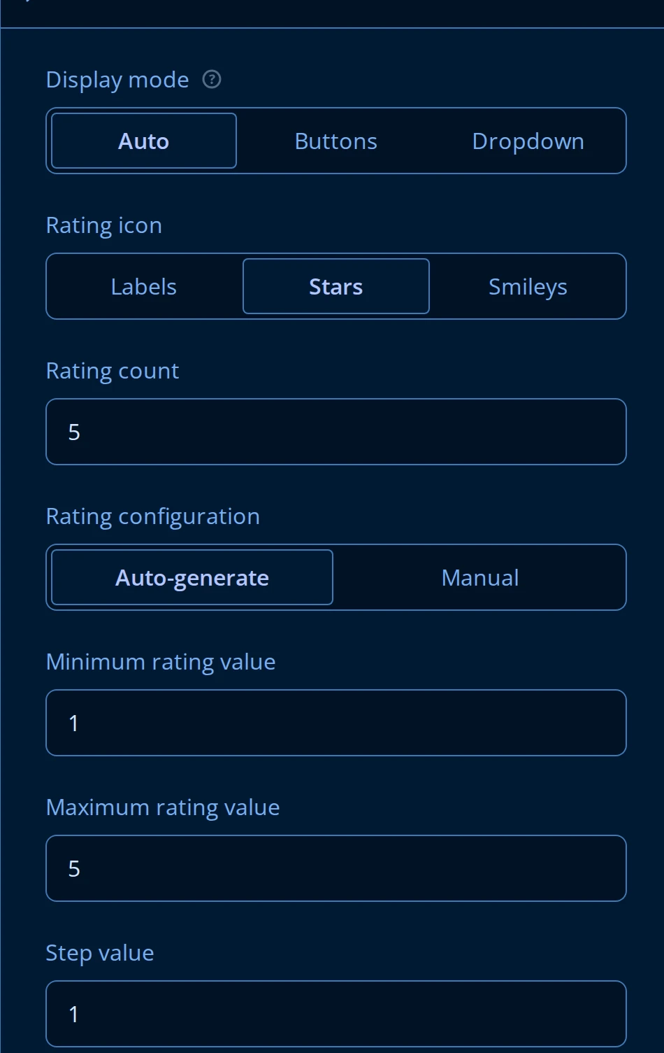 Rating Values panel: Display mode (Auto, Buttons, Dropdown), Rating icon (Labels, Stars, Smileys), Rating count, Rating configuration (Auto-generate, Manual), Minimum rating value, Maximum rating value, Step value