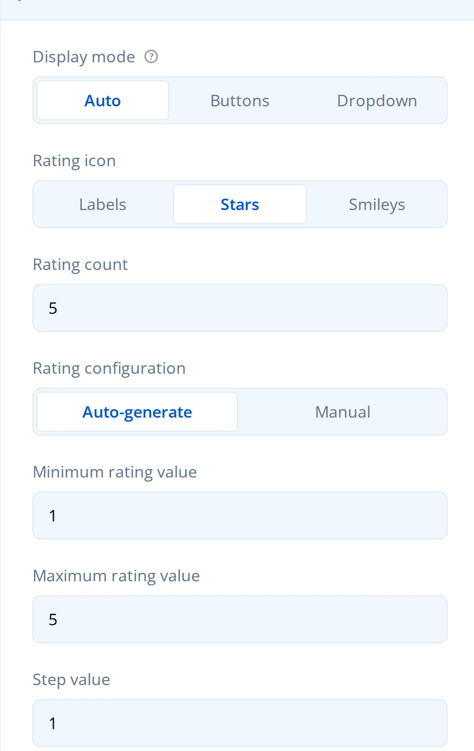 Rating Values panel: Display mode (Auto, Buttons, Dropdown), Rating icon (Labels, Stars, Smileys), Rating count, Rating configuration (Auto-generate, Manual), Minimum rating value, Maximum rating value, Step value
