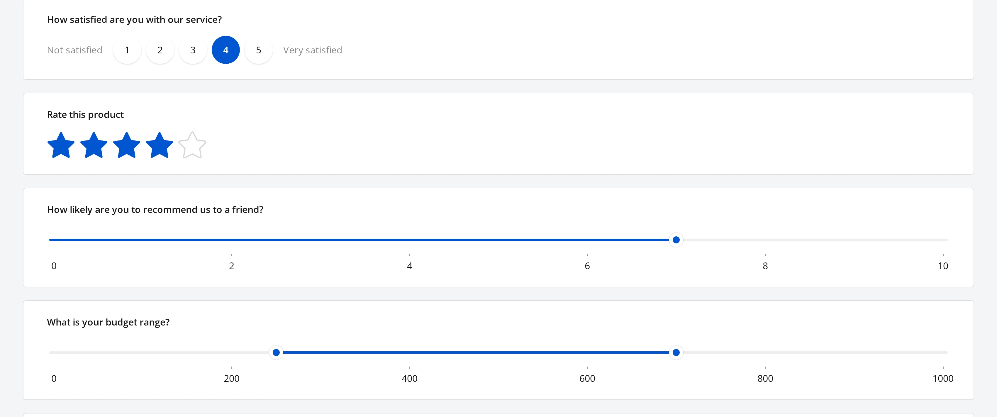 An answered form: a Rating Scale question at 4 of 5, a star rating at 4 of 5 stars, a single-value slider at 7, and a range slider from 250 to 700