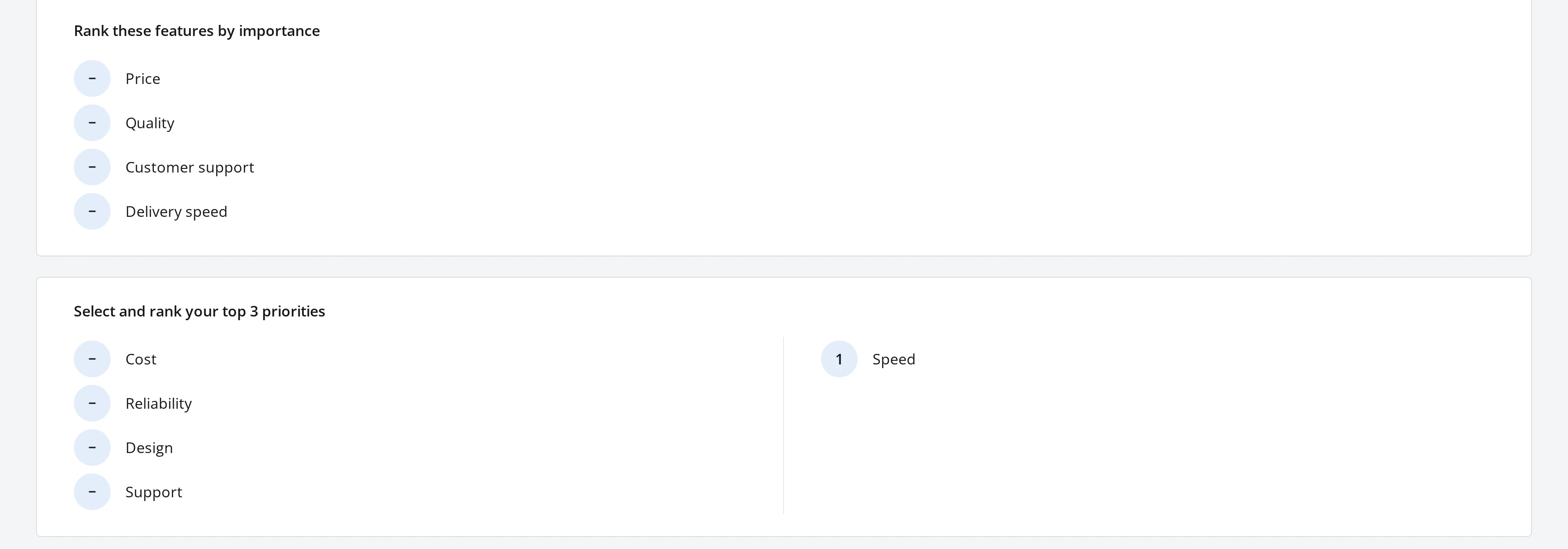 An answered Ranking question and a Ranking question with selective ranking, showing Speed dragged into the ranked area as item 1