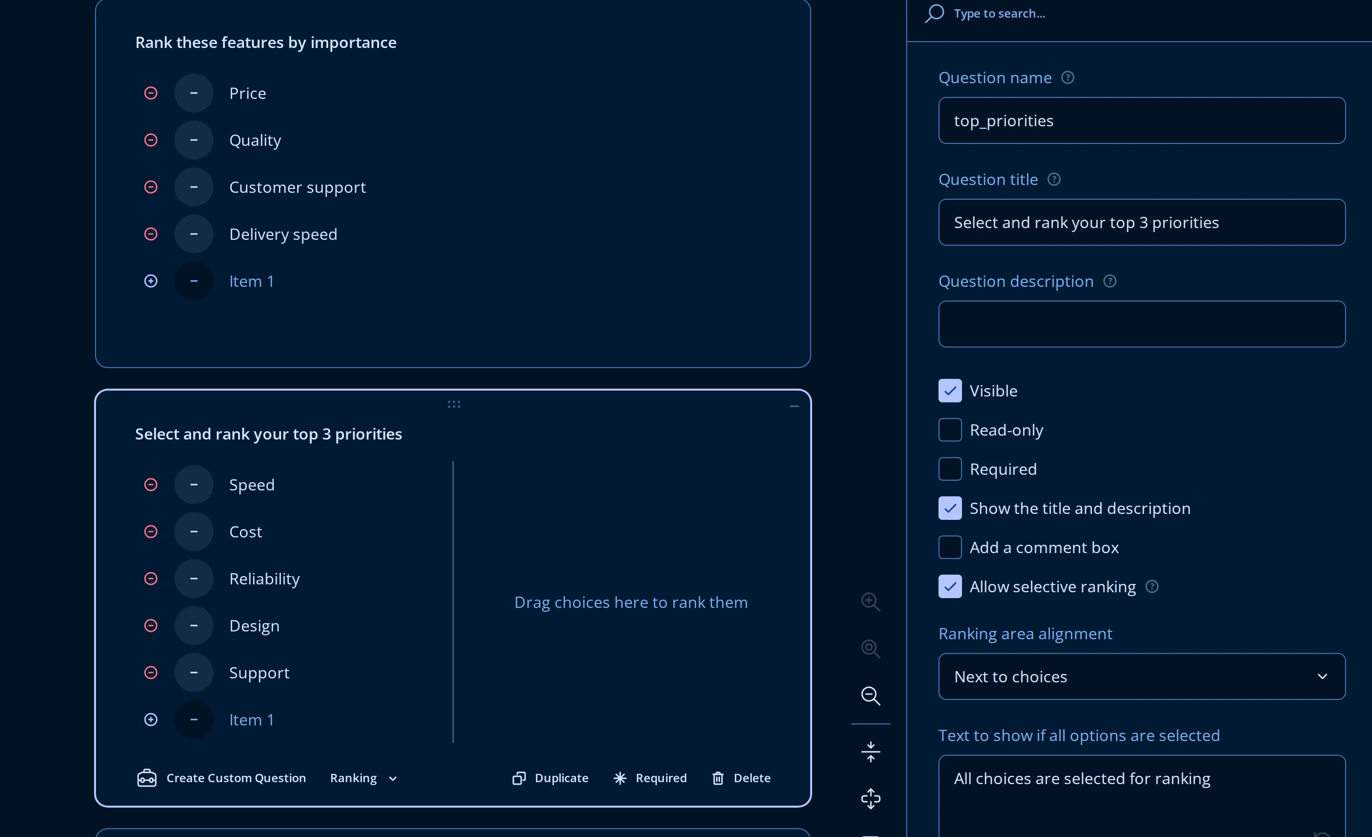 A Ranking question with Allow selective ranking turned on: an unranked list of choices next to a ranked drop area reading Drag choices here to rank them, plus Ranking area alignment and Text to show if all options are selected settings