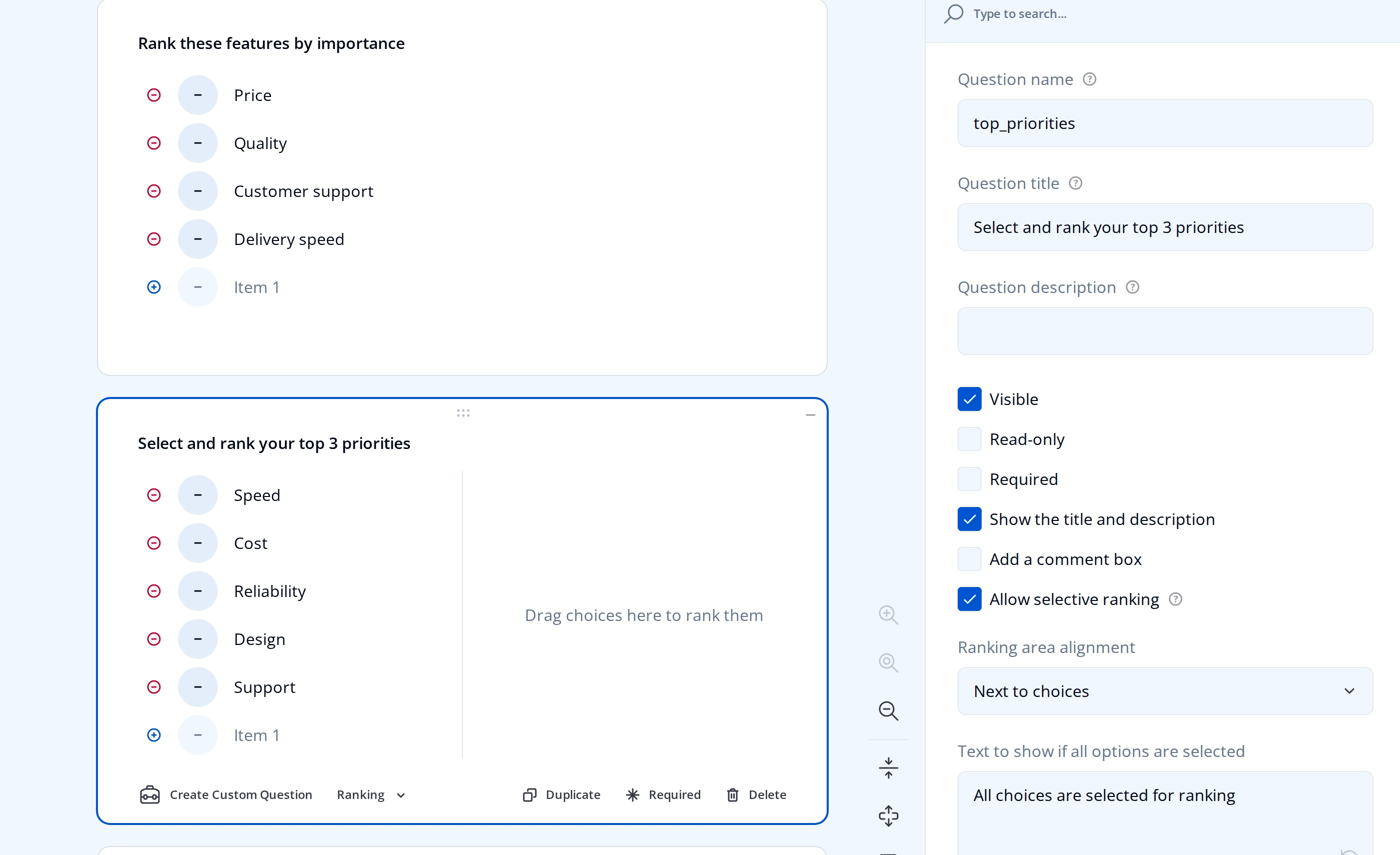 A Ranking question with Allow selective ranking turned on: an unranked list of choices next to a ranked drop area reading Drag choices here to rank them, plus Ranking area alignment and Text to show if all options are selected settings