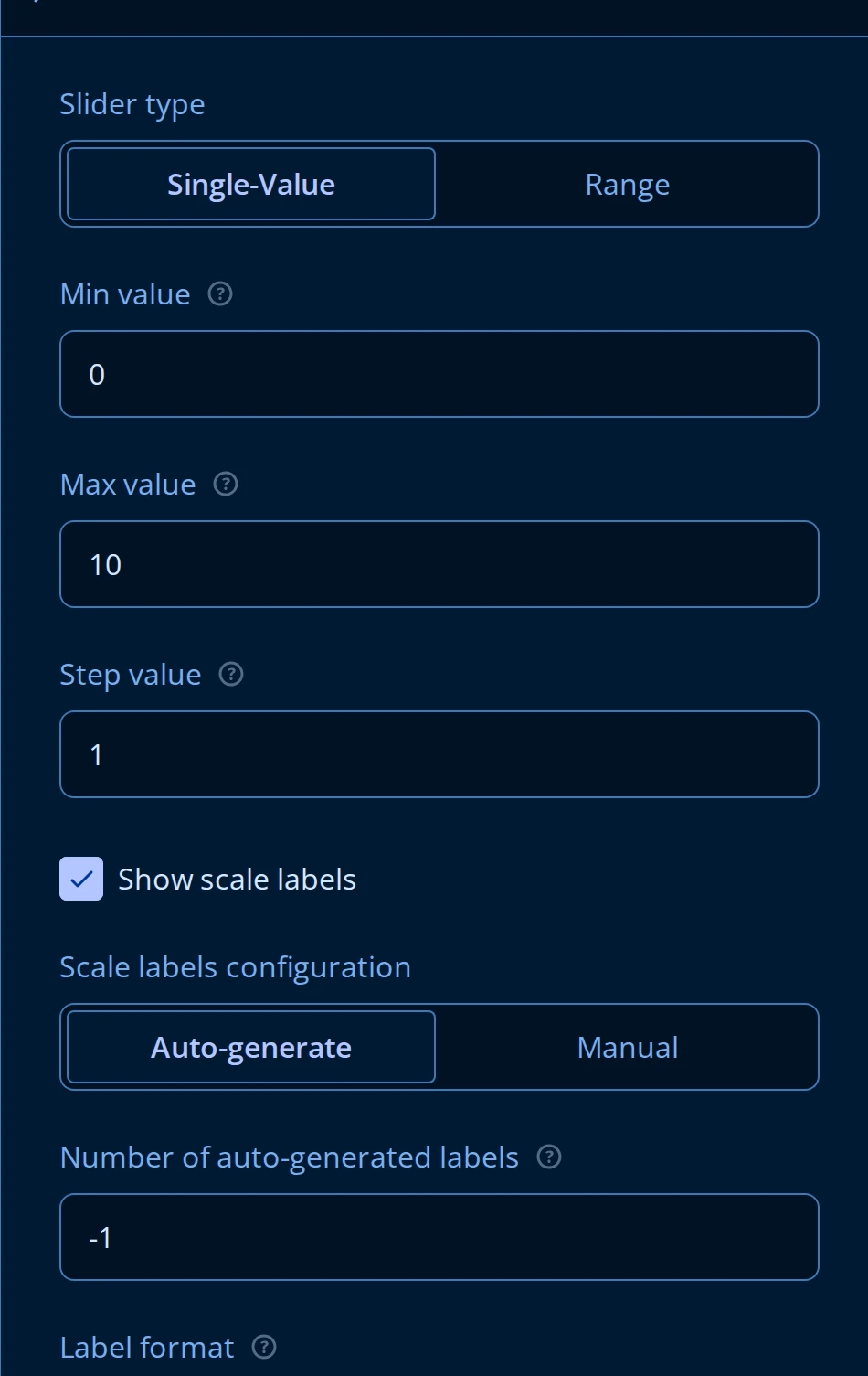 Slider Settings panel: Slider type (Single-Value, Range), Min value, Max value, Step value, Show scale labels, Scale labels configuration (Auto-generate, Manual), Number of auto-generated labels, Label format