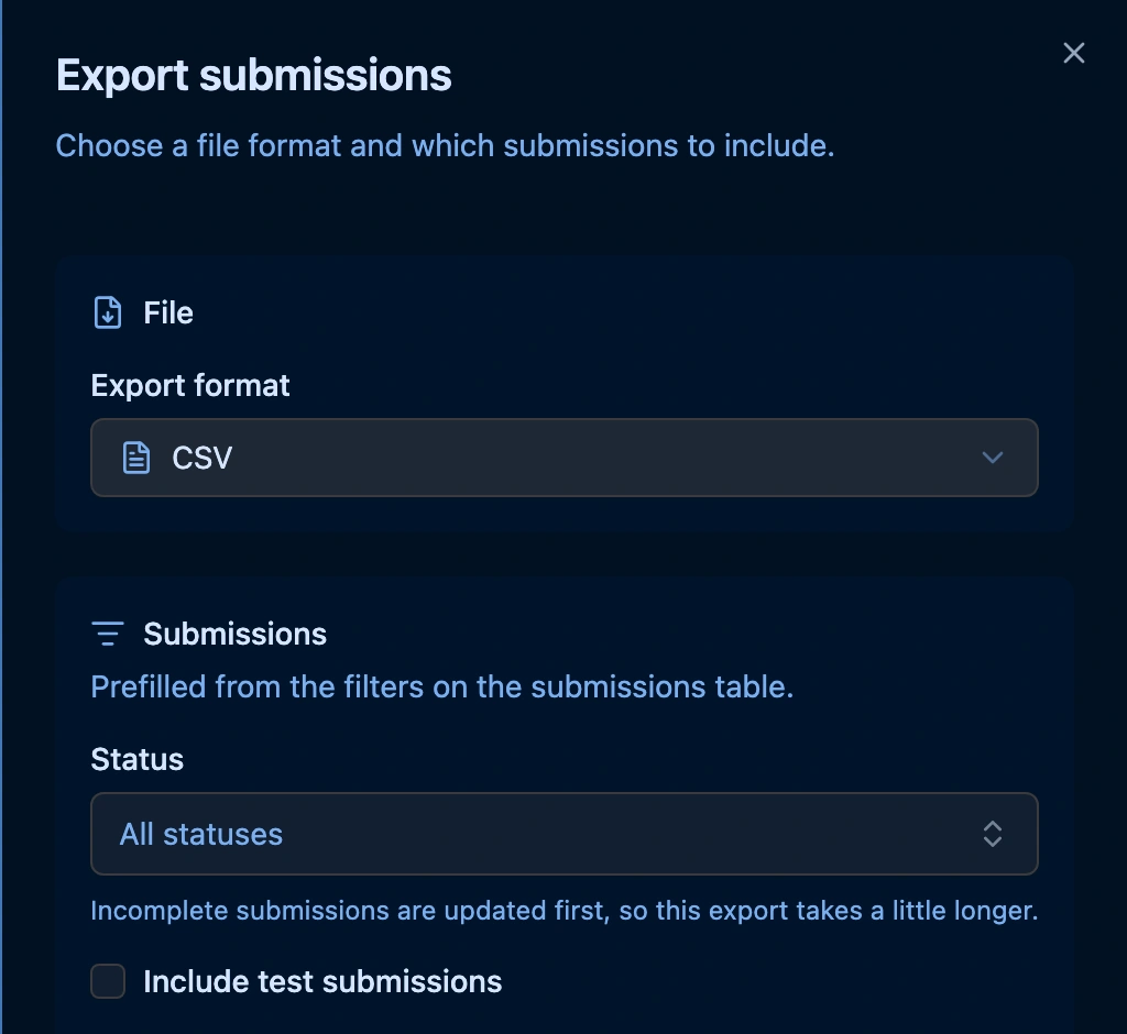 Export submissions panel with Export format CSV and, under Submissions, Include test submissions turned off