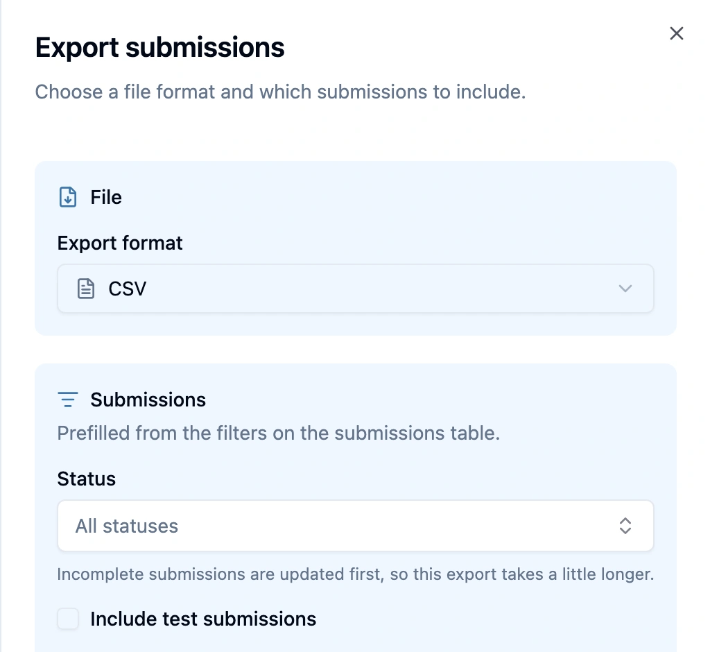 Export submissions panel with Export format CSV and, under Submissions, Include test submissions turned off