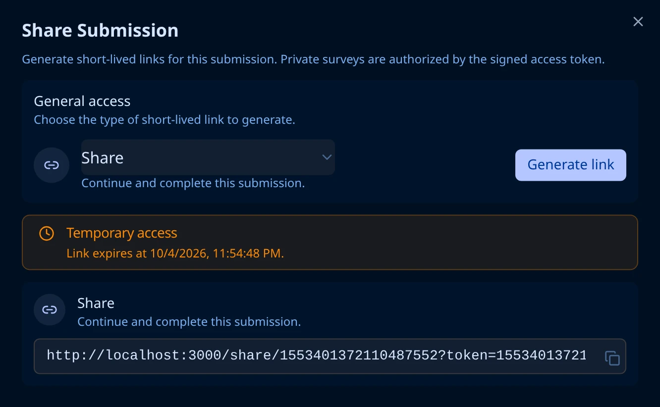 Share Submission dialog after generating, showing a Temporary access notice with the expiry date and the generated link with a copy button