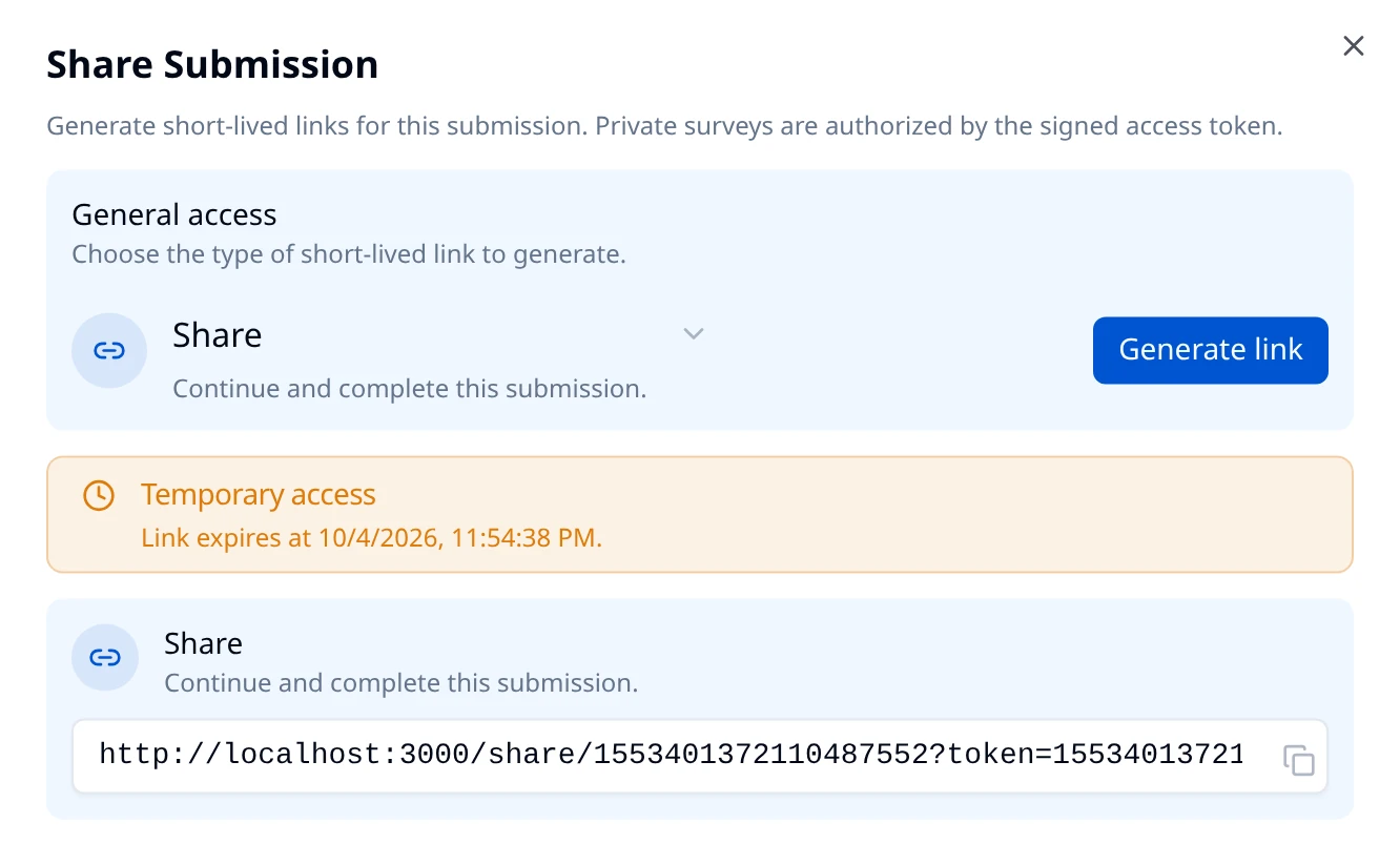 Share Submission dialog after generating, showing a Temporary access notice with the expiry date and the generated link with a copy button