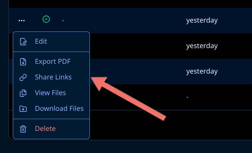 Submissions grid row menu with an arrow pointing at Share Links, between Export PDF and View Files