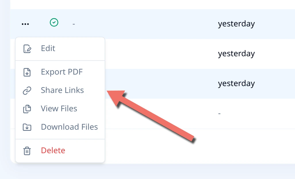 Submissions grid row menu with an arrow pointing at Share Links, between Export PDF and View Files