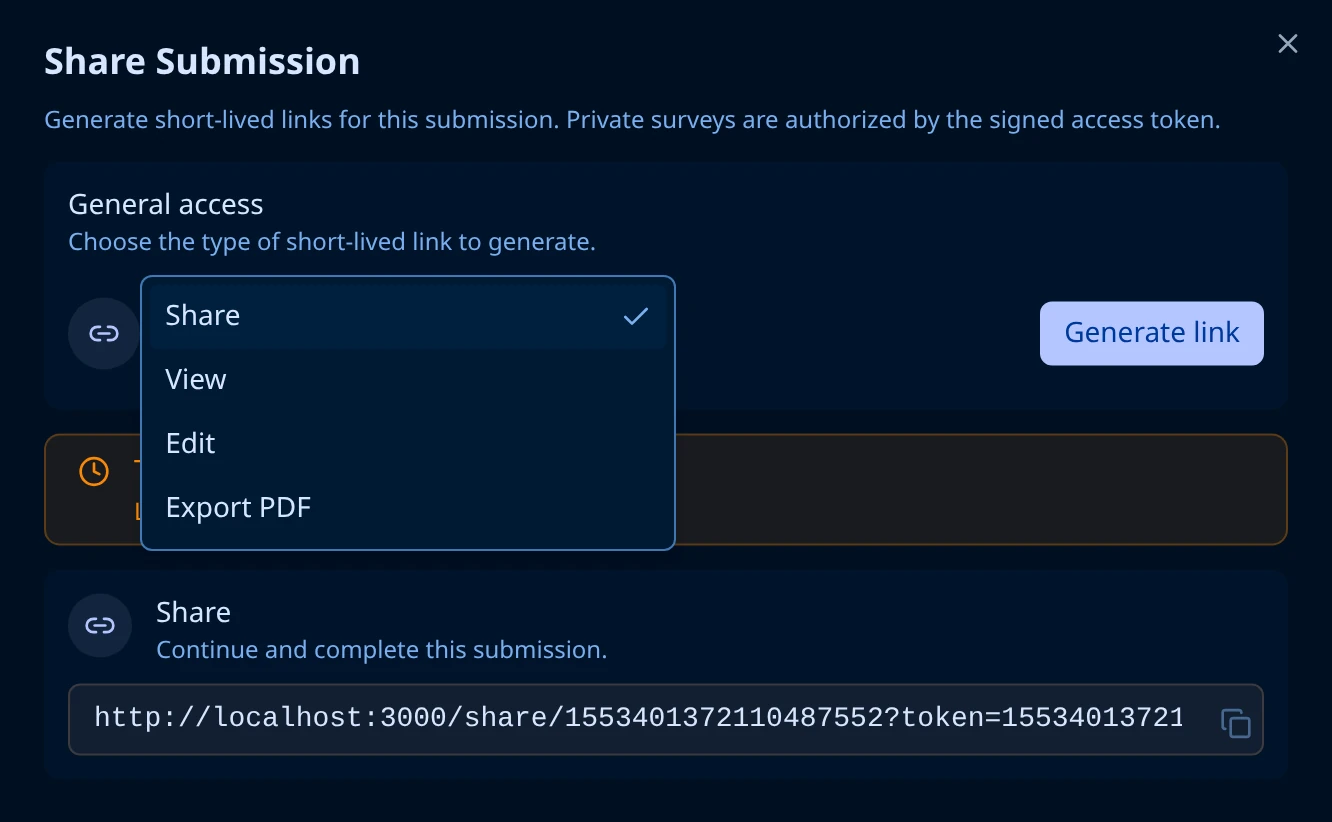 Share Submission dialog with the link type list open, showing Share, View, Edit, and Export PDF