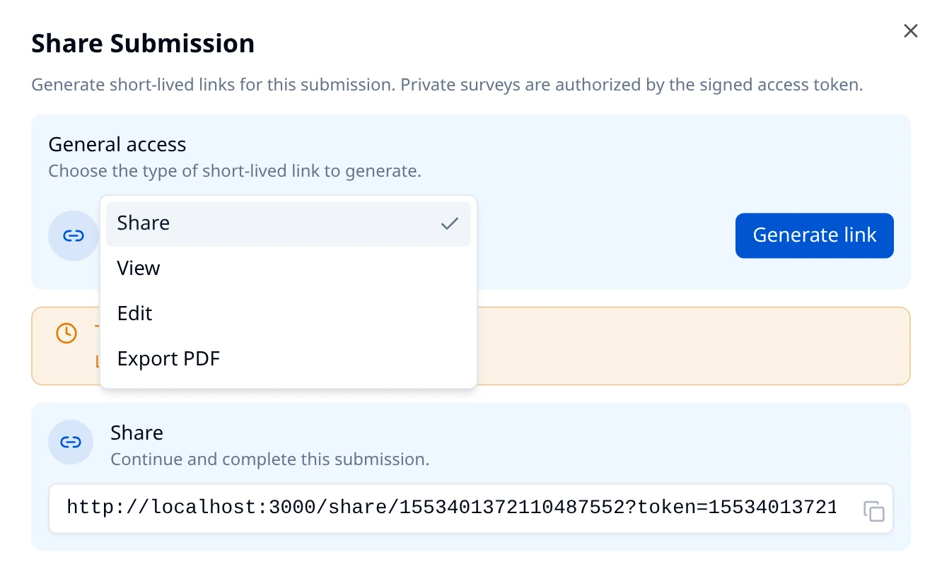 Share Submission dialog with the link type list open, showing Share, View, Edit, and Export PDF