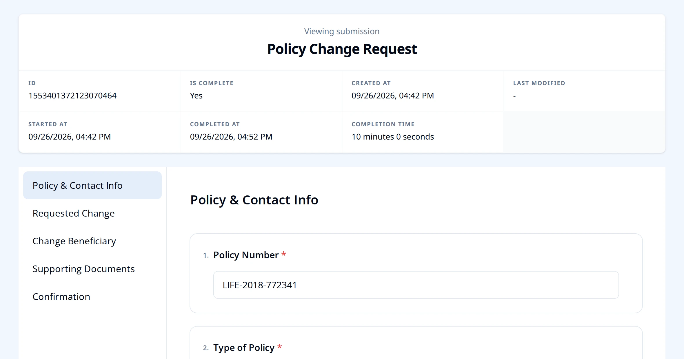 A View link opened by a recipient: the submission's answers with its ID, completion status, and timestamps, and no Hub navigation