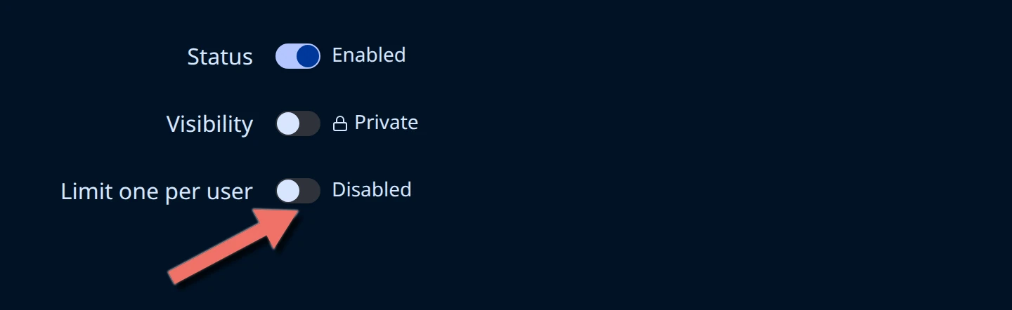 Form Overview settings with an arrow pointing at the Limit one per user switch, still set to Disabled