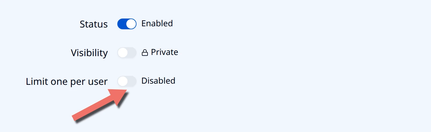 Form Overview settings with an arrow pointing at the Limit one per user switch, still set to Disabled