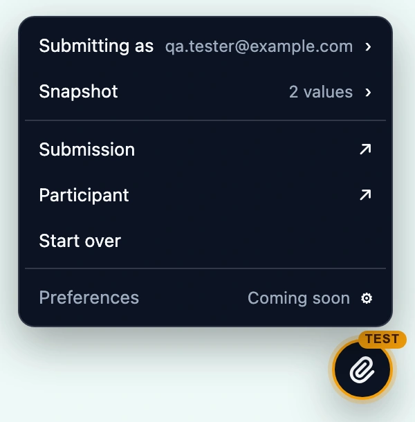 The Test inspector menu above its TEST button: Submitting as qa.tester@example.com, Snapshot 2 values, Submission, Participant, Start over, and Preferences marked Coming soon