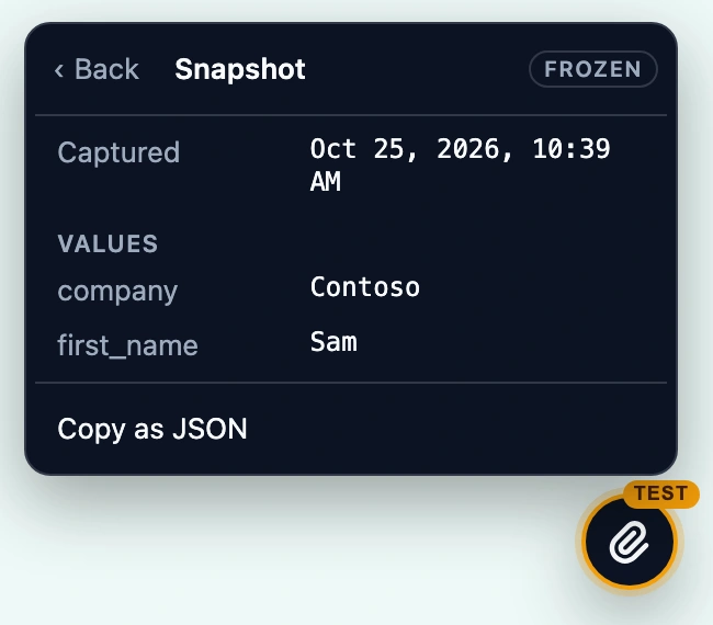 The Snapshot panel, tagged Frozen: the Captured date and time, and the values company Contoso and first_name Sam, with Copy as JSON