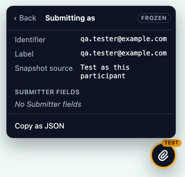 The Submitting as panel, tagged Frozen: Identifier and Label qa.tester@example.com, Snapshot source Test as this participant, No Submitter fields, and Copy as JSON