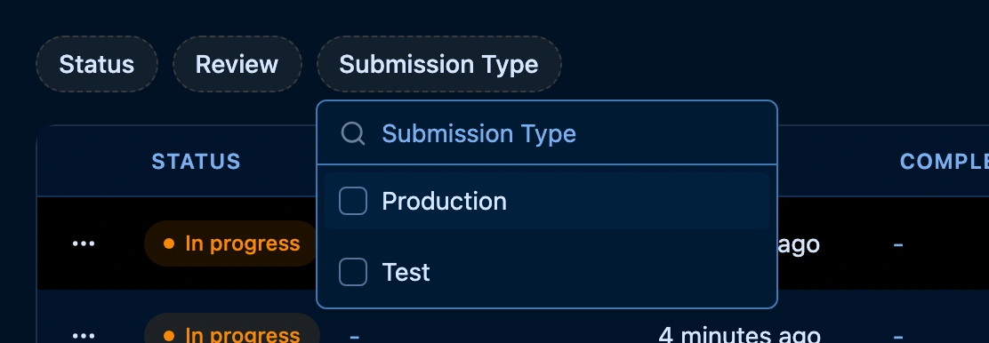 The Submission Type filter open on the Submissions page, with the options Production and Test