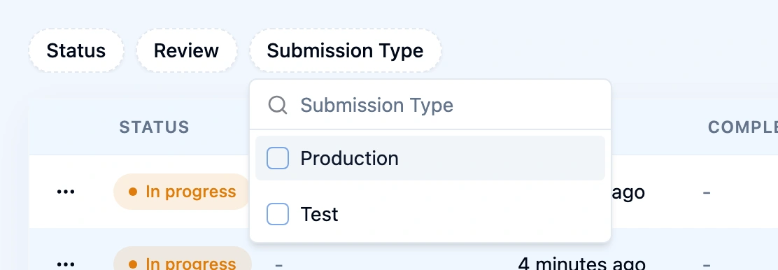 The Submission Type filter open on the Submissions page, with the options Production and Test