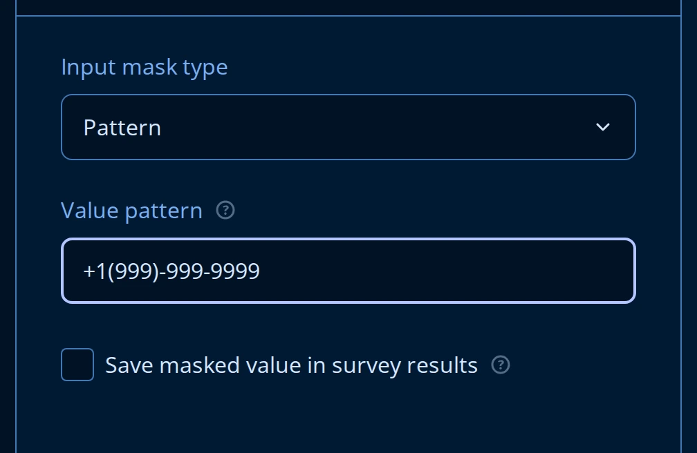 Input Mask Settings panel with Pattern selected and value pattern +1(999)-999-9999