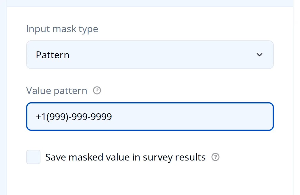 Input Mask Settings panel with Pattern selected and value pattern +1(999)-999-9999