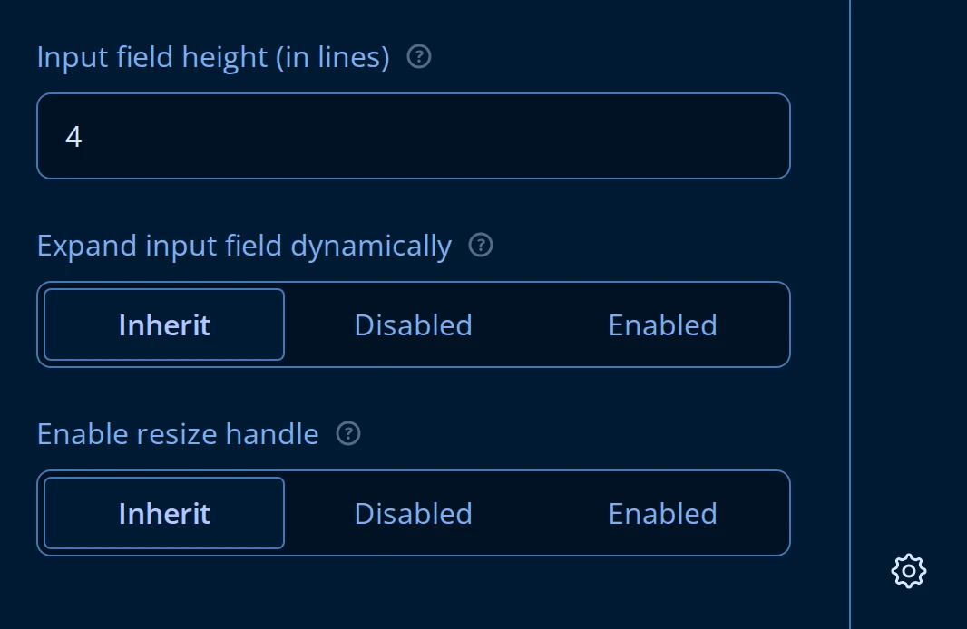 Layout tab for a Long Text question: Input field height set to 4 lines, Expand input field dynamically, and Enable resize handle