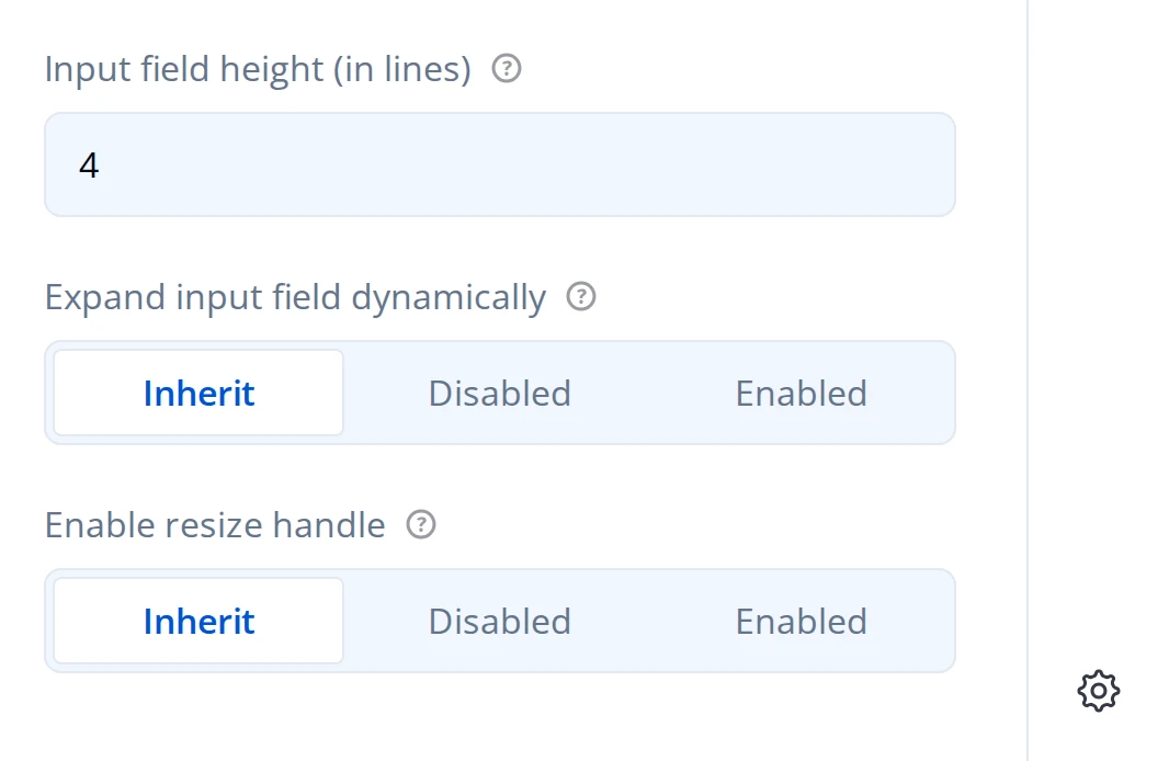 Layout tab for a Long Text question: Input field height set to 4 lines, Expand input field dynamically, and Enable resize handle