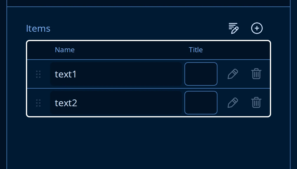 Items editor for a Multiple Textboxes question, listing text1 and text2 with Name and Title columns, edit and delete icons, and an add-item button