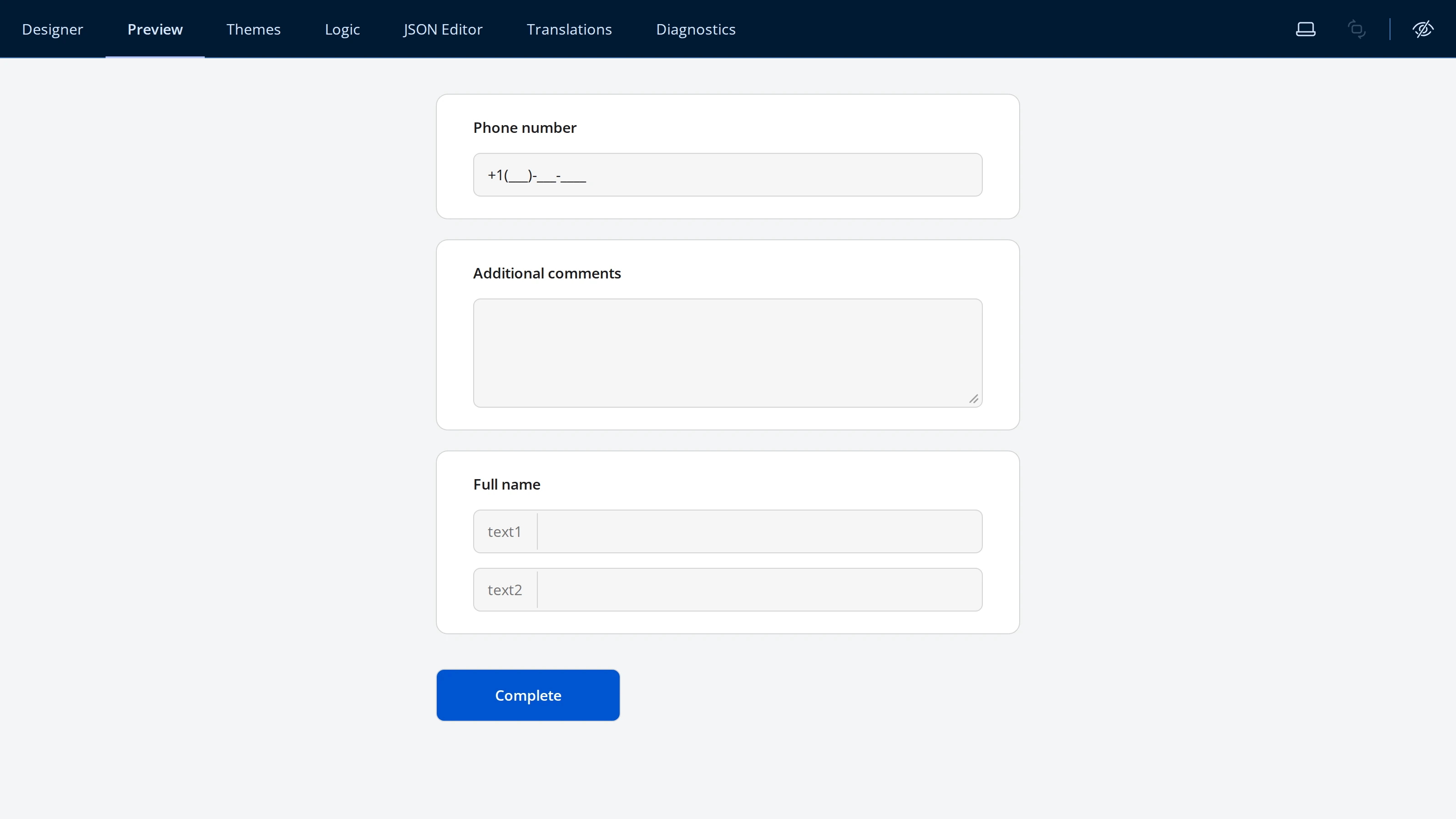 A form with three text questions: Phone number with a formatted mask, Additional comments as a textarea, and Full name as two textboxes