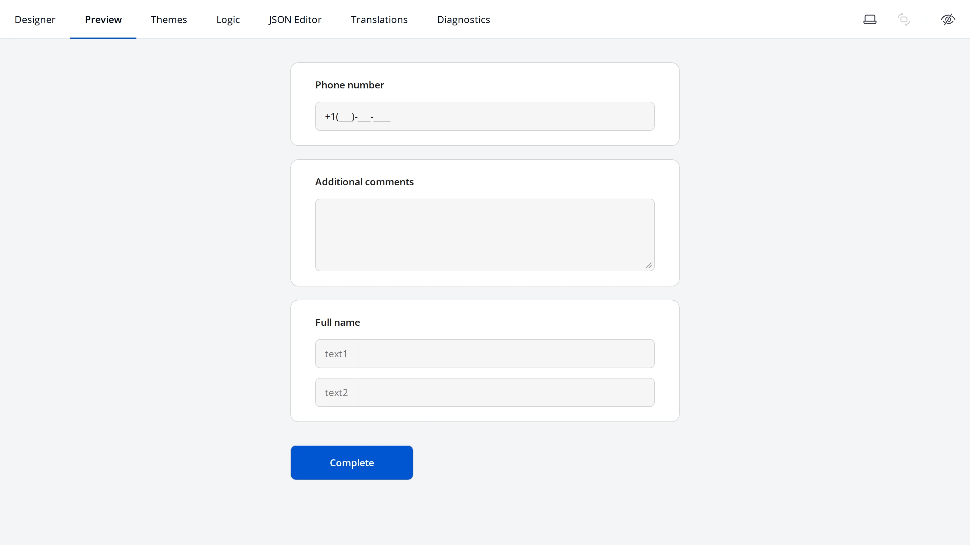 A form with three text questions: Phone number with a formatted mask, Additional comments as a textarea, and Full name as two textboxes