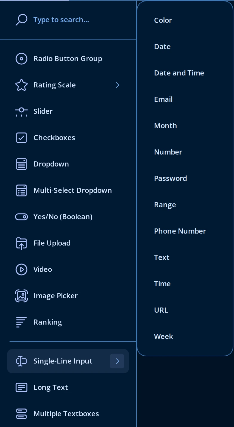 Form Builder toolbox with Single-Line Input expanded, showing its input type flyout (Color, Date, Date and Time, Email, Month, Number, Password, Range, Phone Number, Text, Time, URL, Week) alongside the Long Text and Multiple Textboxes toolbox entries