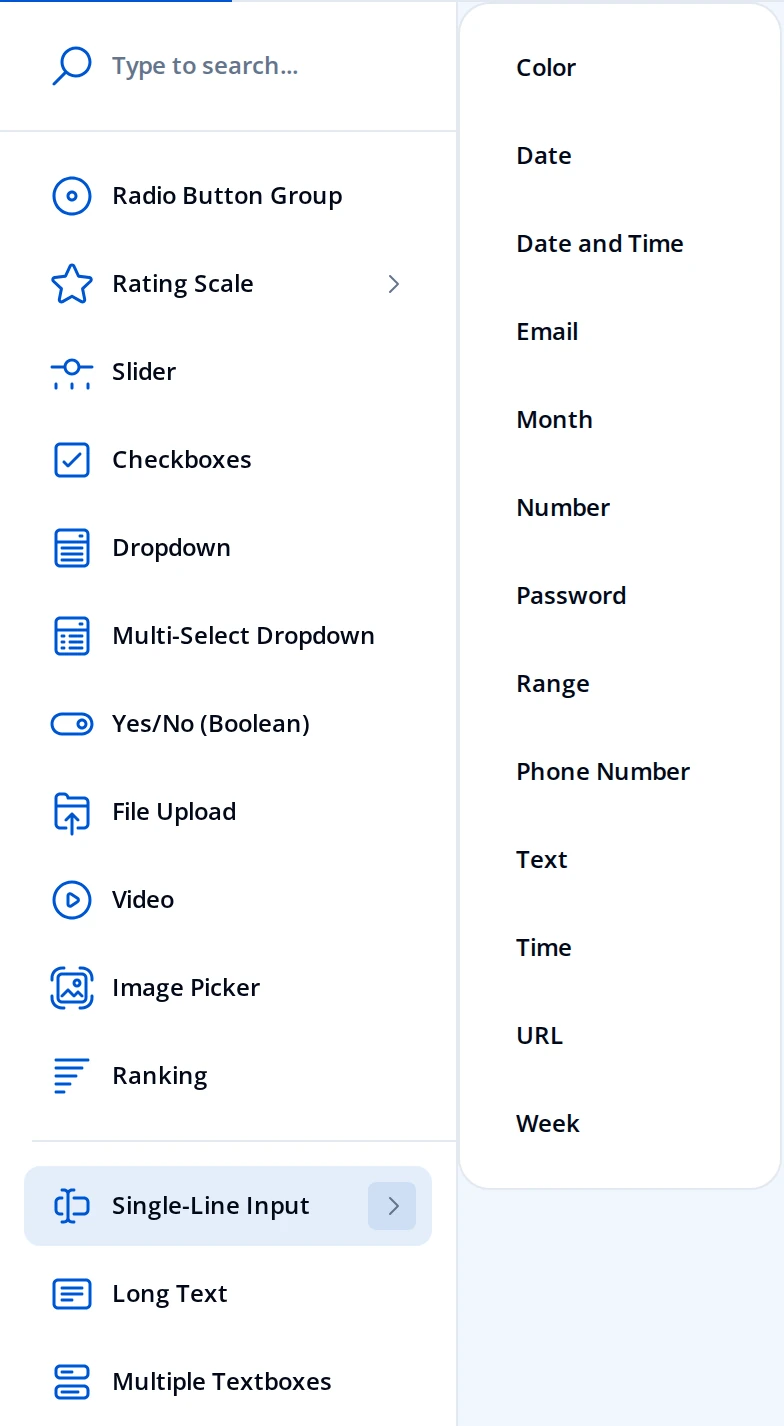 Form Builder toolbox with Single-Line Input expanded, showing its input type flyout (Color, Date, Date and Time, Email, Month, Number, Password, Range, Phone Number, Text, Time, URL, Week) alongside the Long Text and Multiple Textboxes toolbox entries